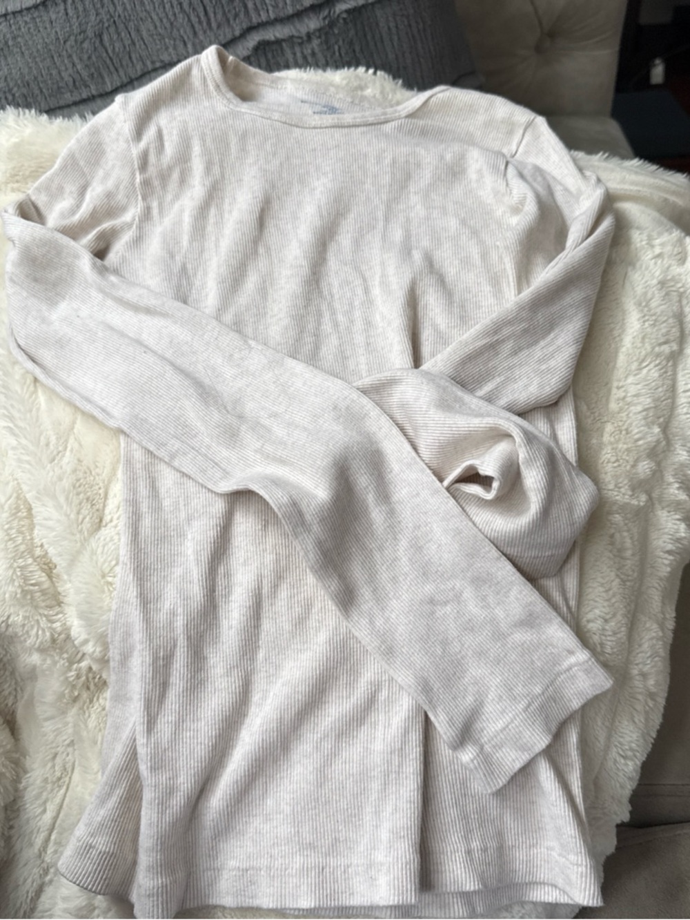 Brandy Melville Light Beige Ribbed Crewneck Long Sleeve Top
